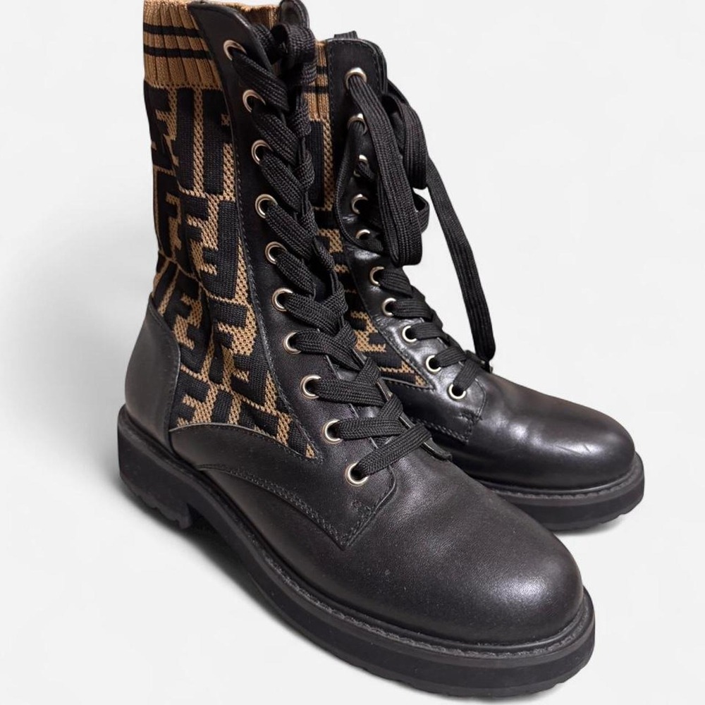 Fendi Rockoko FF Monogram Knit Combat Boots Black Leather EU 36 / US 6